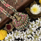 Vriksham Peacock With Lakshmi Style Pendant 2 Layer Green Beaded Mala-Red White-White Aqua Bead-J3327